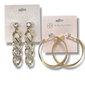 Daisy Fuentes Gold Tone Hoop and Crystal Chain Link Earrings Set (2 Pairs NWT)